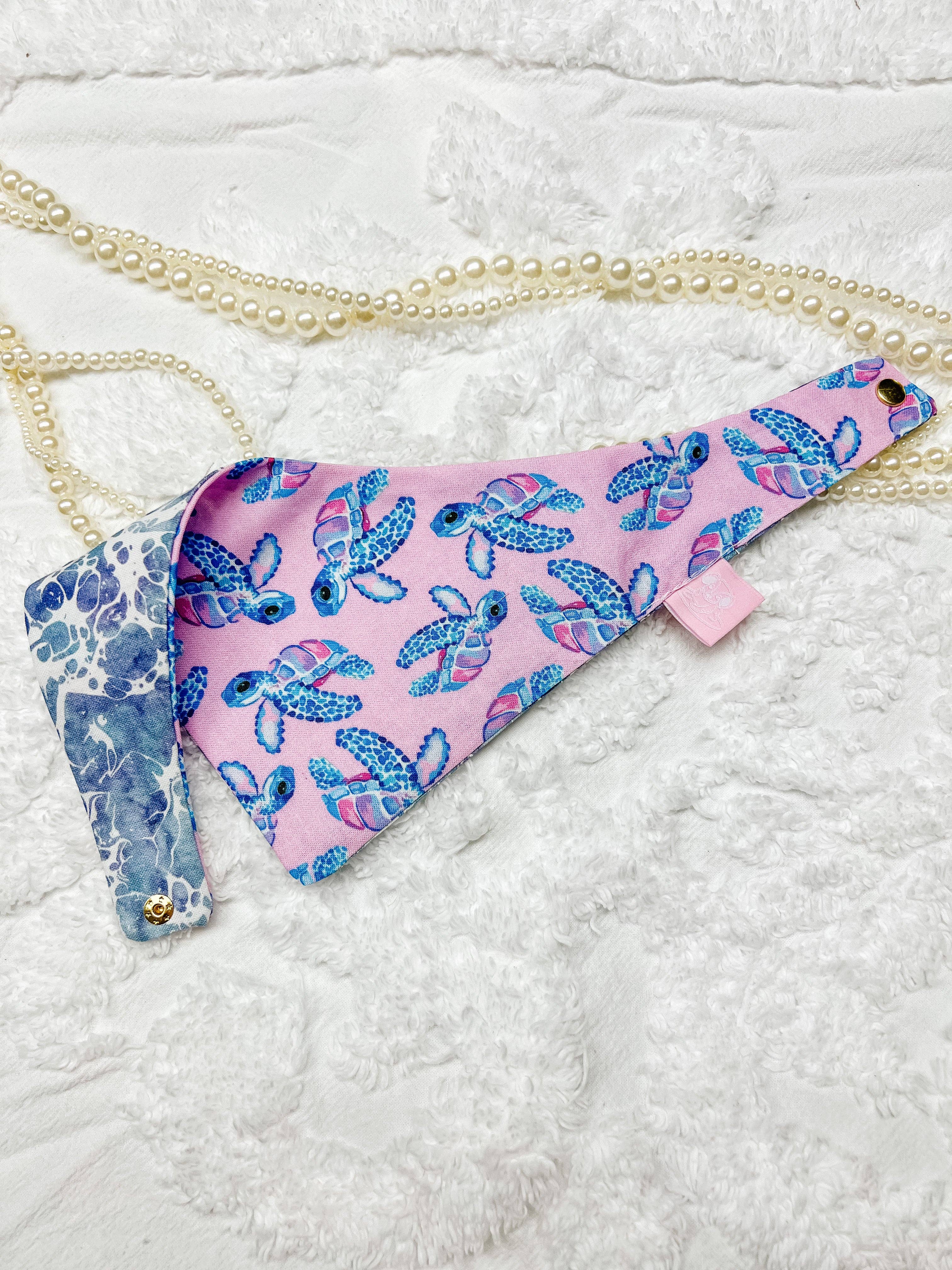 Turtles Cotton Curved Neck Dog Bandana, Reversible and Snaps