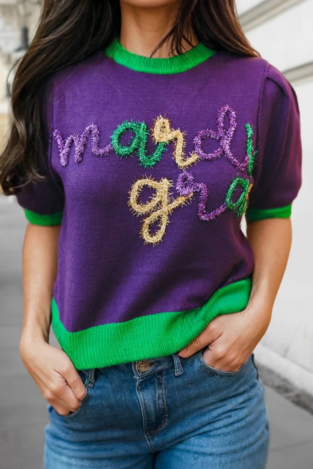 Mardi Gras Tinsel Graphic Short Sleeve Sweater NEW | S-XL - The Bougie Pet Boutique
