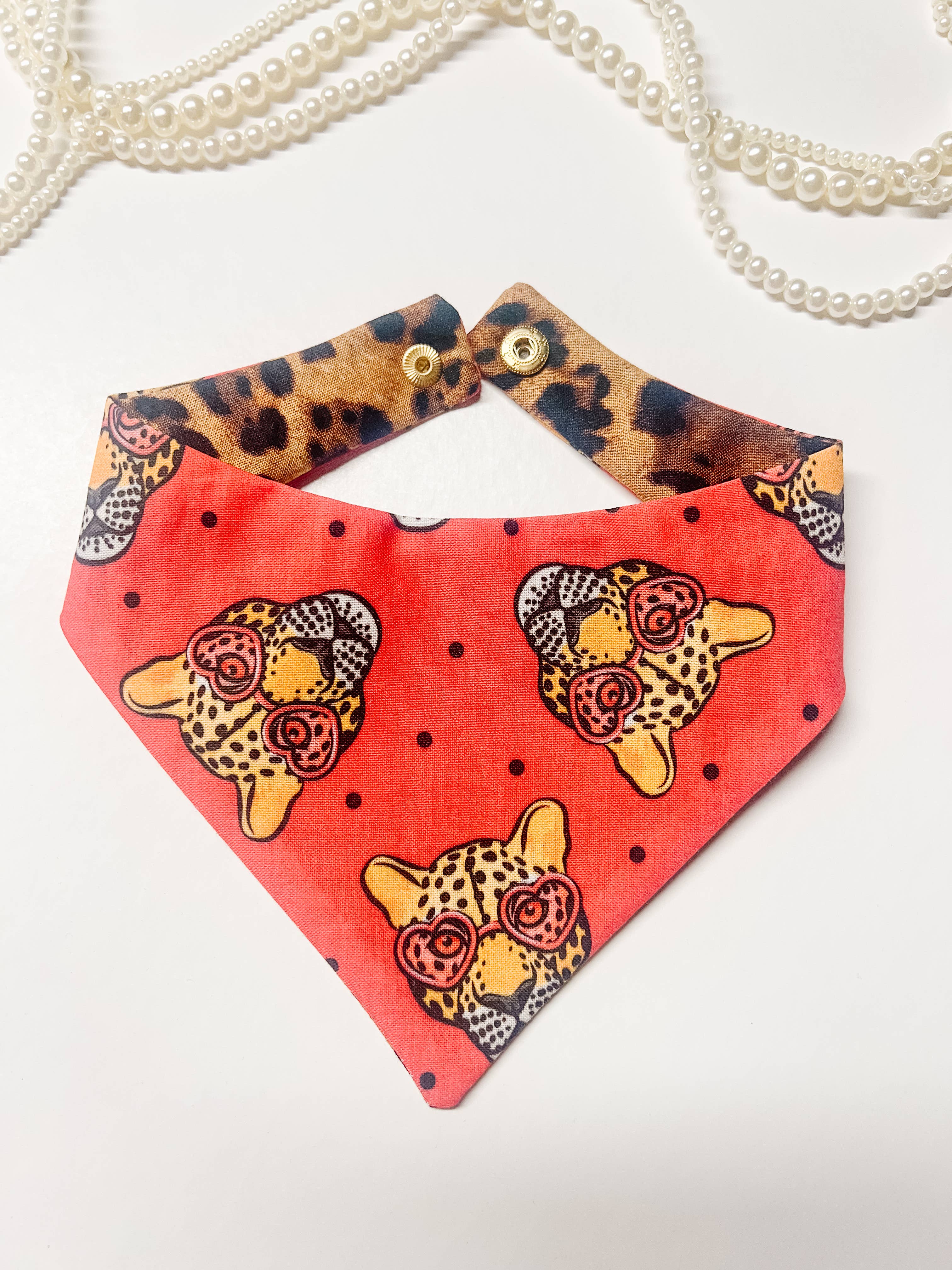 Cheetah Reversible Dog Bandana, Metal Snaps Pet Scarf Collar