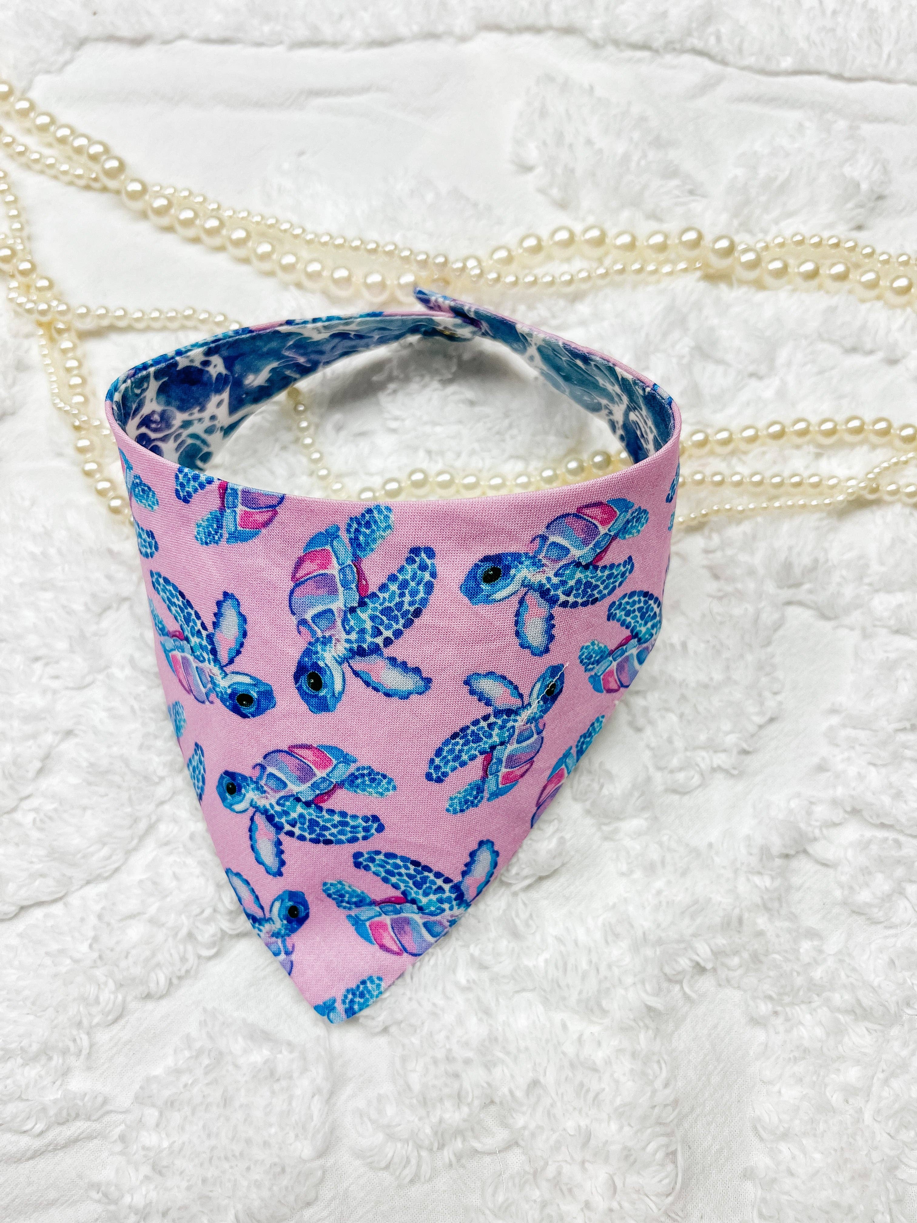Turtles Cotton Curved Neck Dog Bandana, Reversible and Snaps