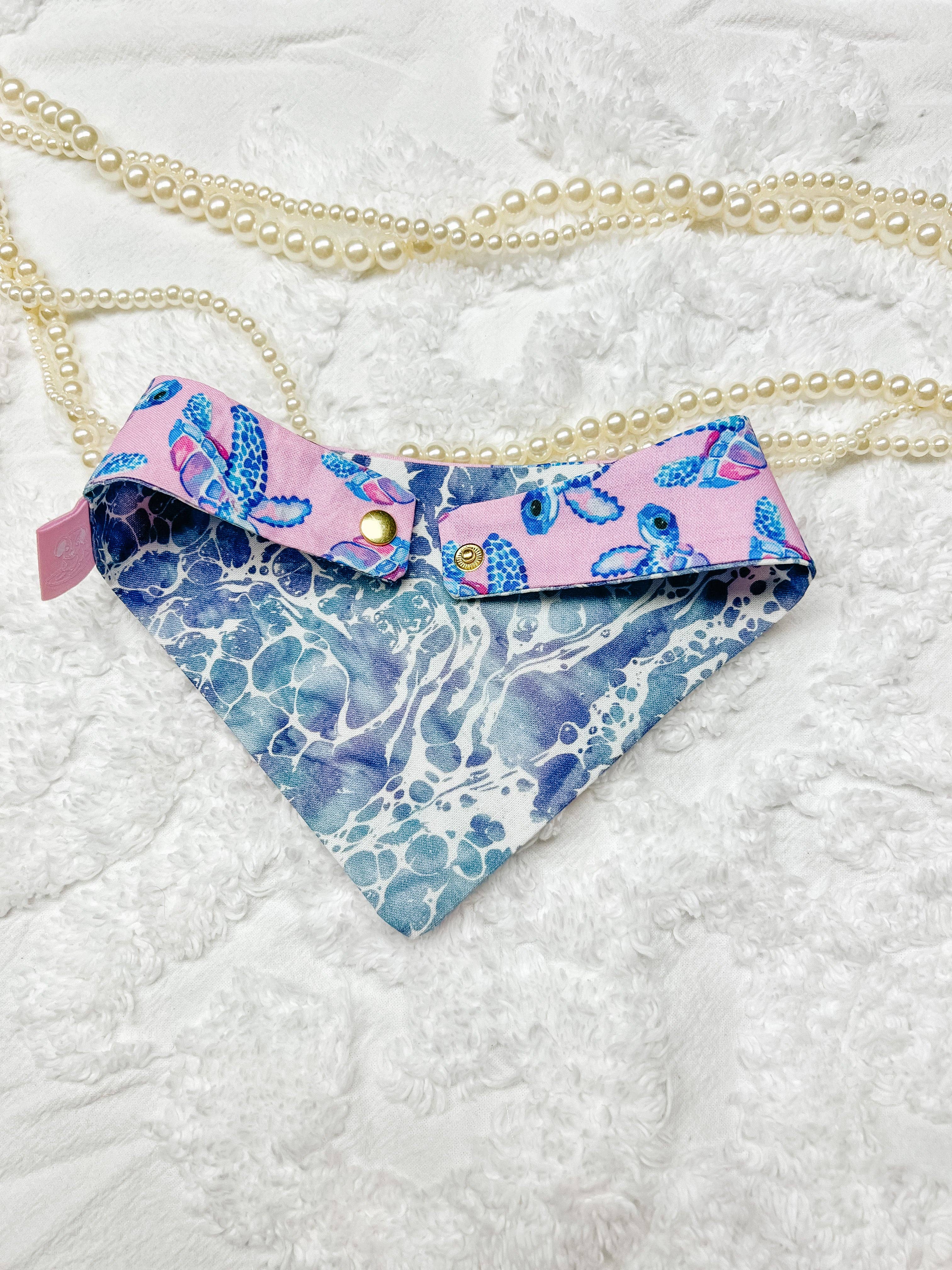 Turtles Cotton Curved Neck Dog Bandana, Reversible and Snaps