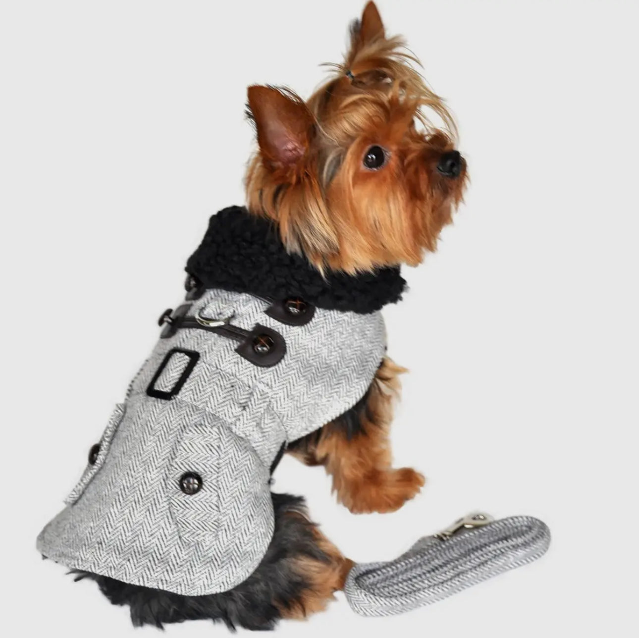 Herringbone Fur Trim Harness Coat