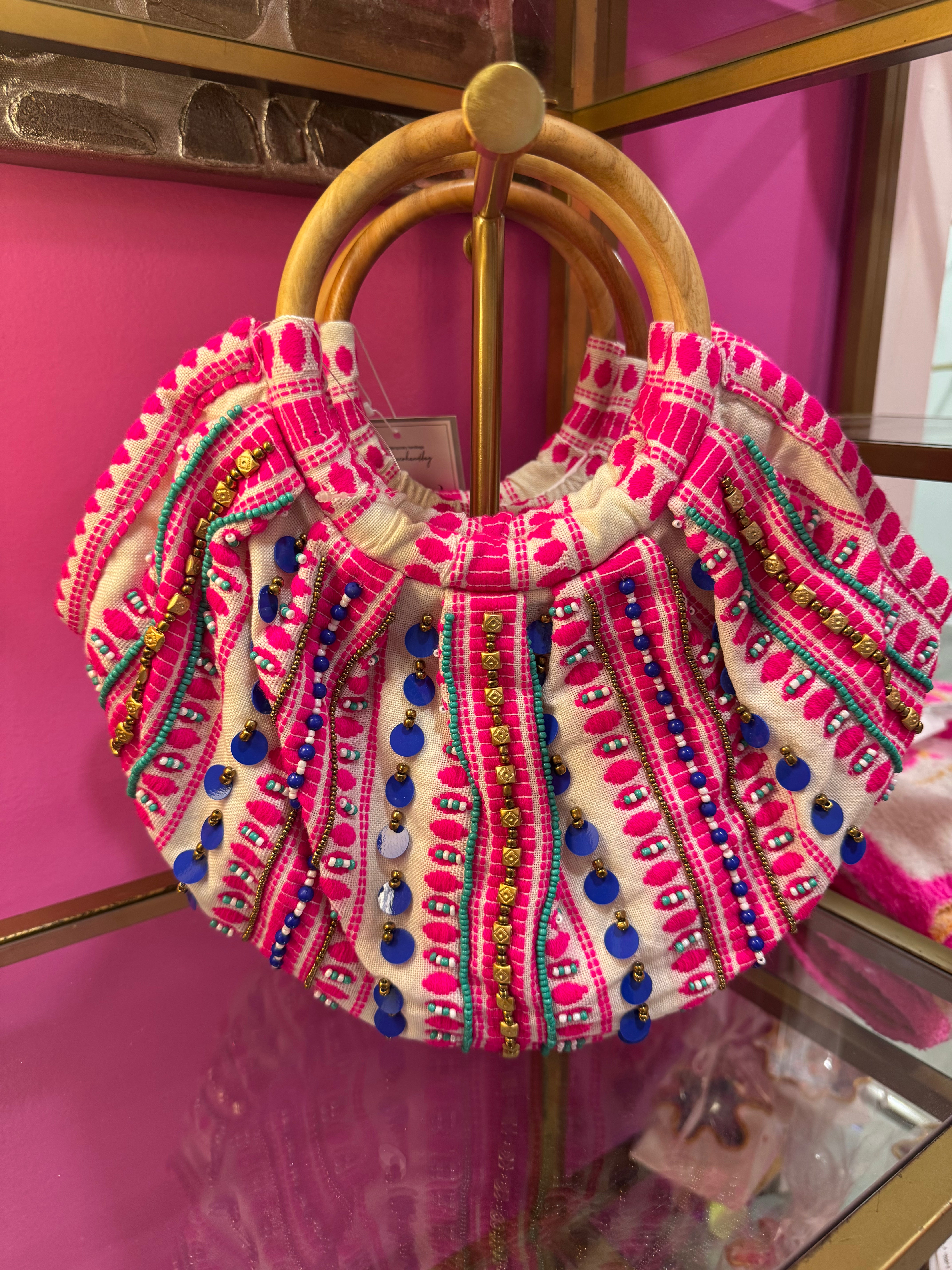 Pink Beaded Clutch with Wood Round Handles The Bougie Pet Boutique