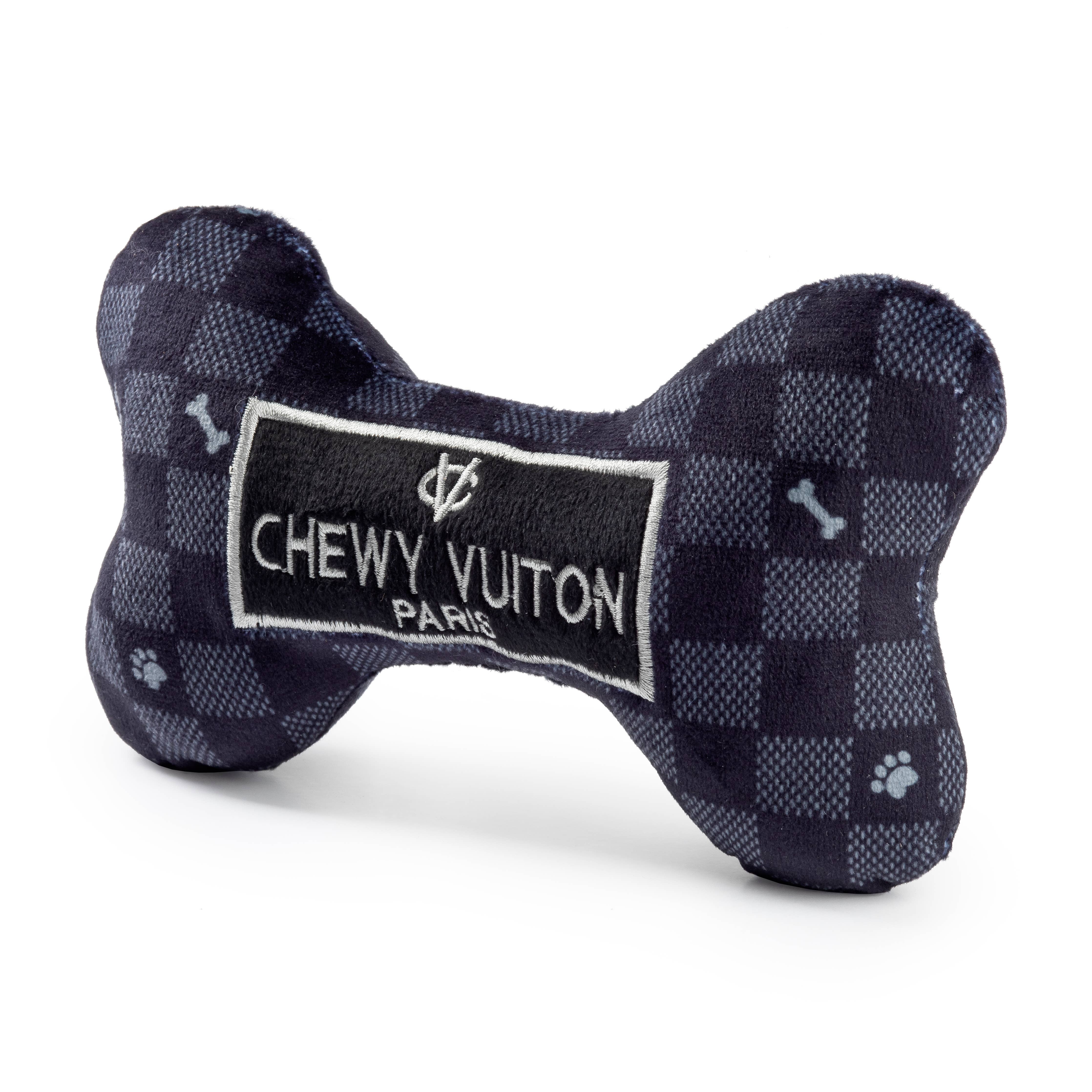 Black Checker Chewy Vuiton Bone Squeaker Dog Toy