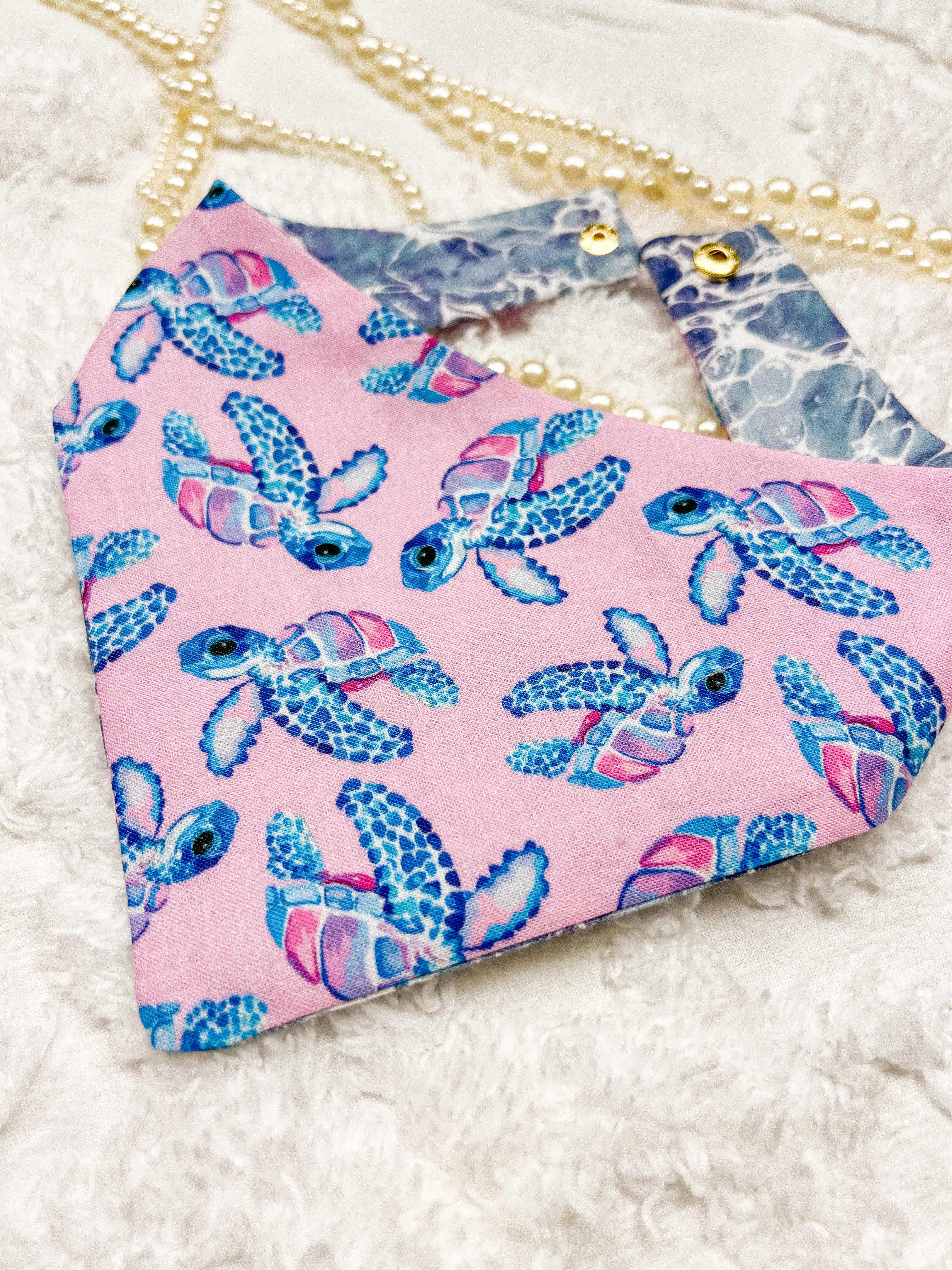 Turtles Cotton Curved Neck Dog Bandana, Reversible and Snaps
