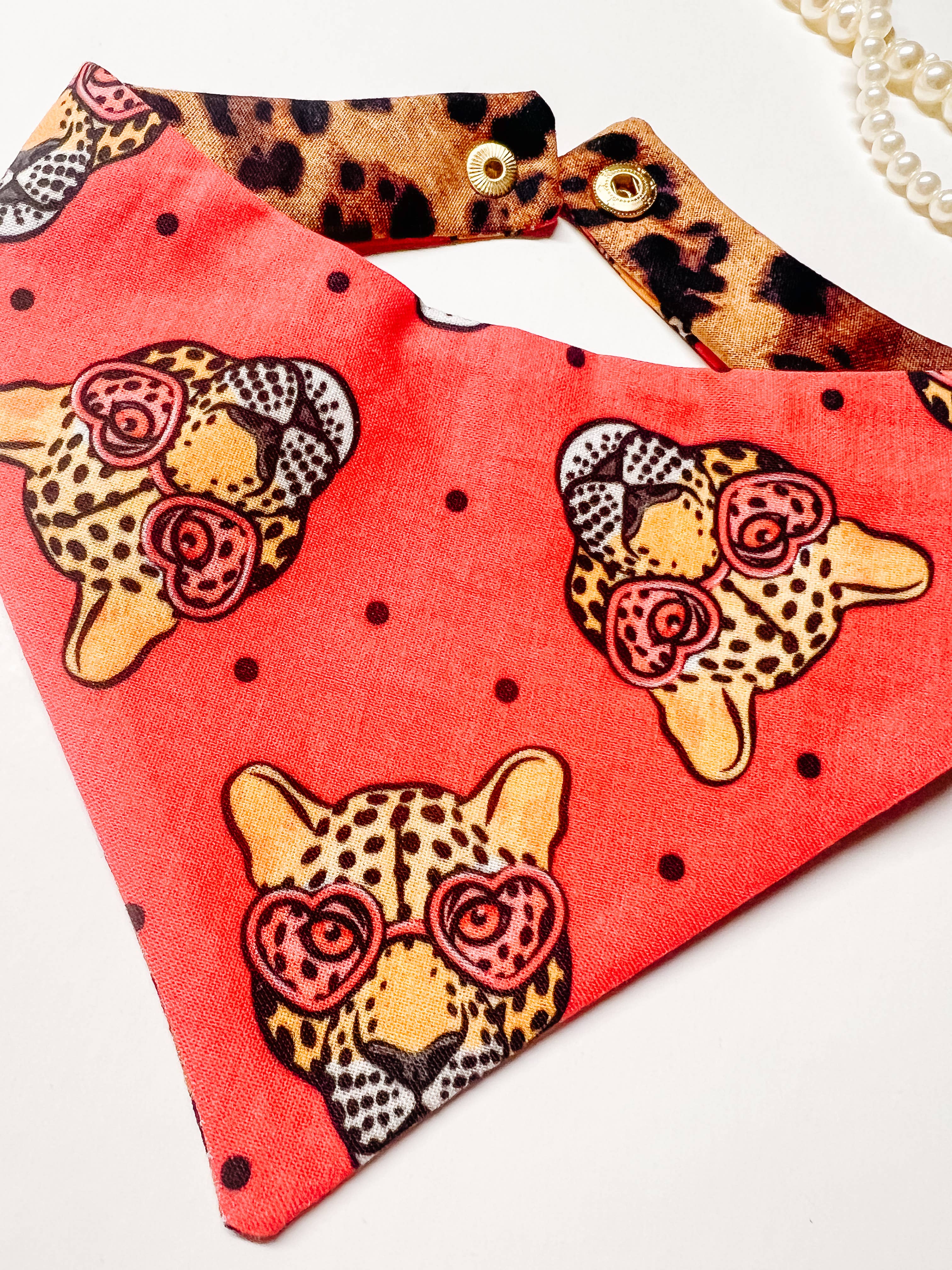 Cheetah Reversible Dog Bandana, Metal Snaps Pet Scarf Collar