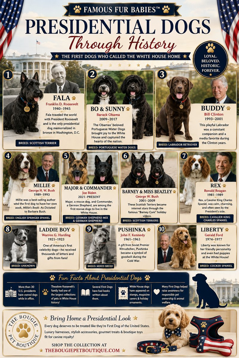 Collage of famous presidential dogs including Fala, Bo, and Sunny who lived in the White House