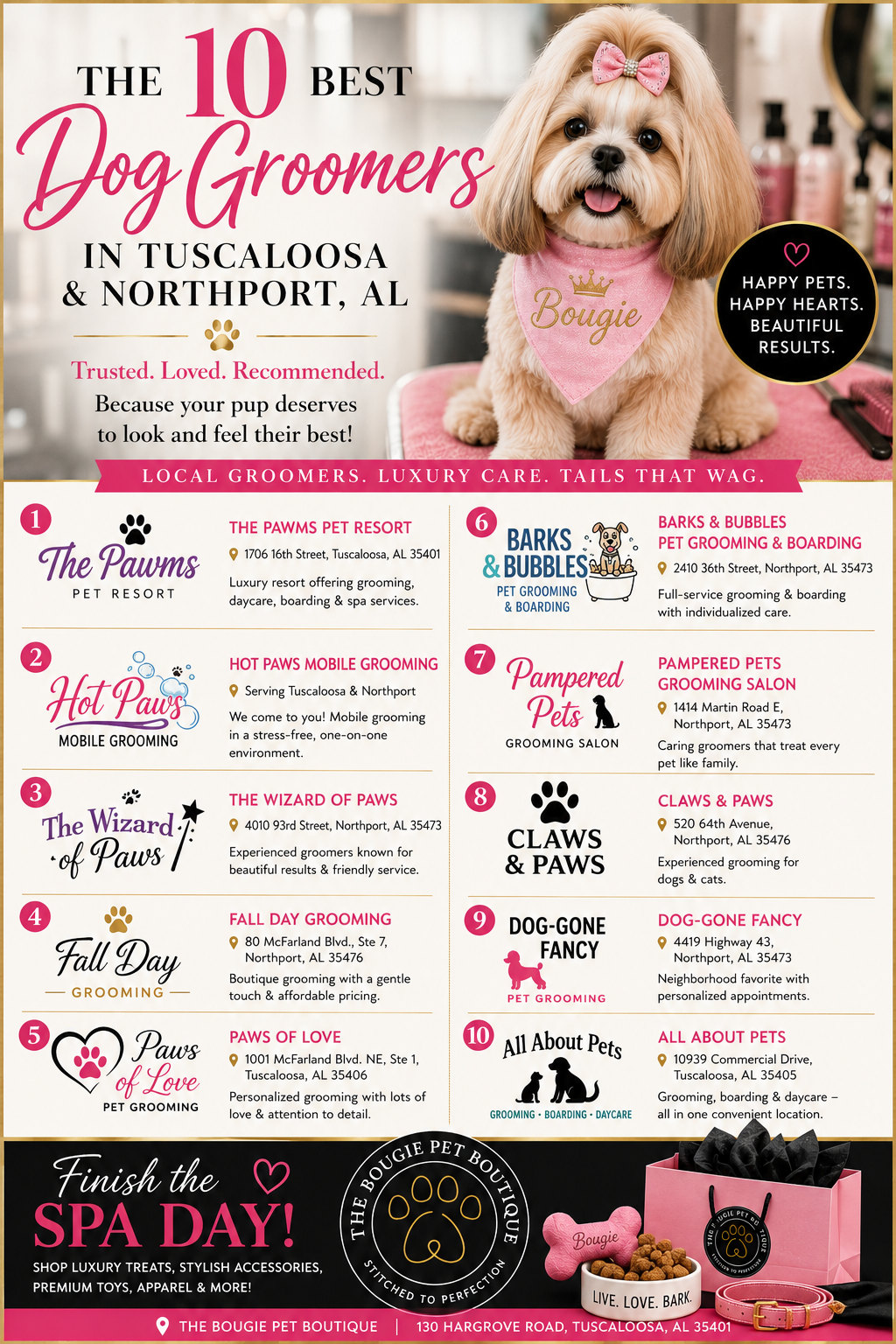 A freshly groomed dog in Tuscaloosa Alabama showcasing the best dog grooming salons in Tuscaloosa and Northport