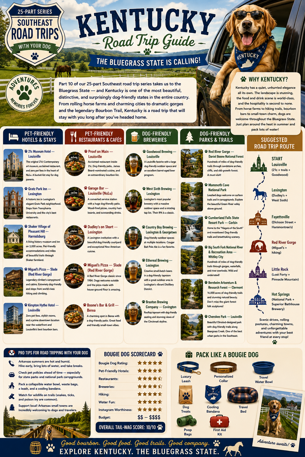 A dog on a road trip through Kentucky exploring dog-friendly trails breweries and horse country in the Bluegrass State