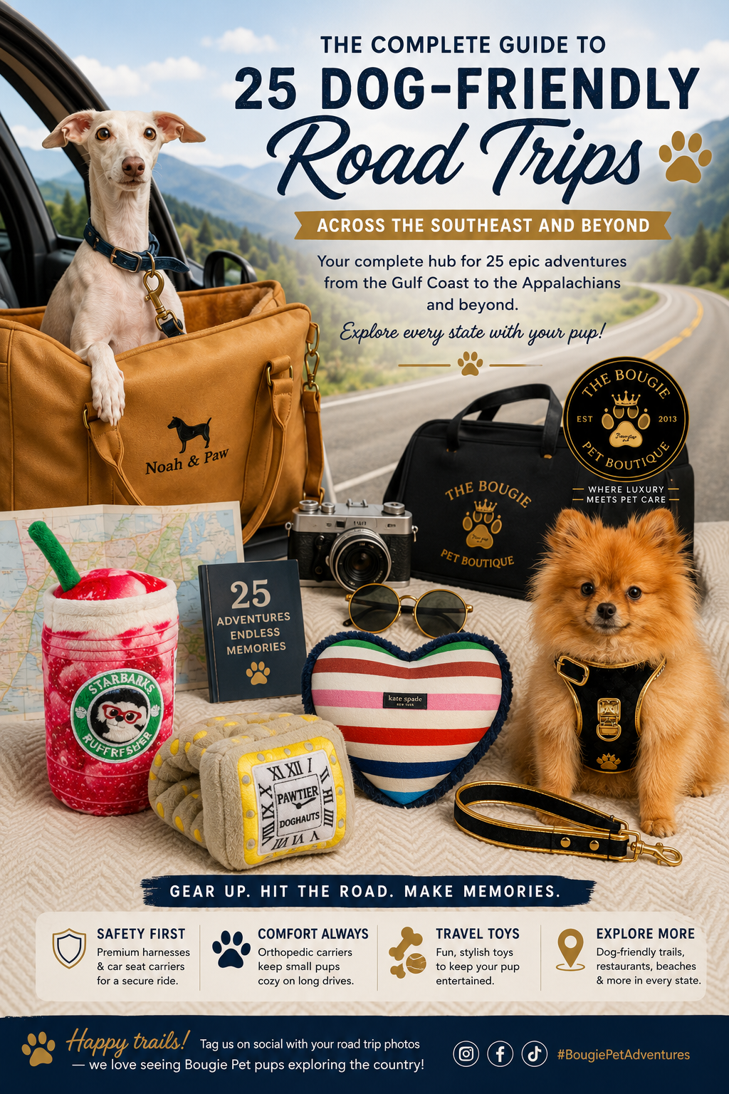 Dog riding in a car on a road trip through the Southeast — The Bougie Pet Boutique's ultimate guide to dog-friendly travel