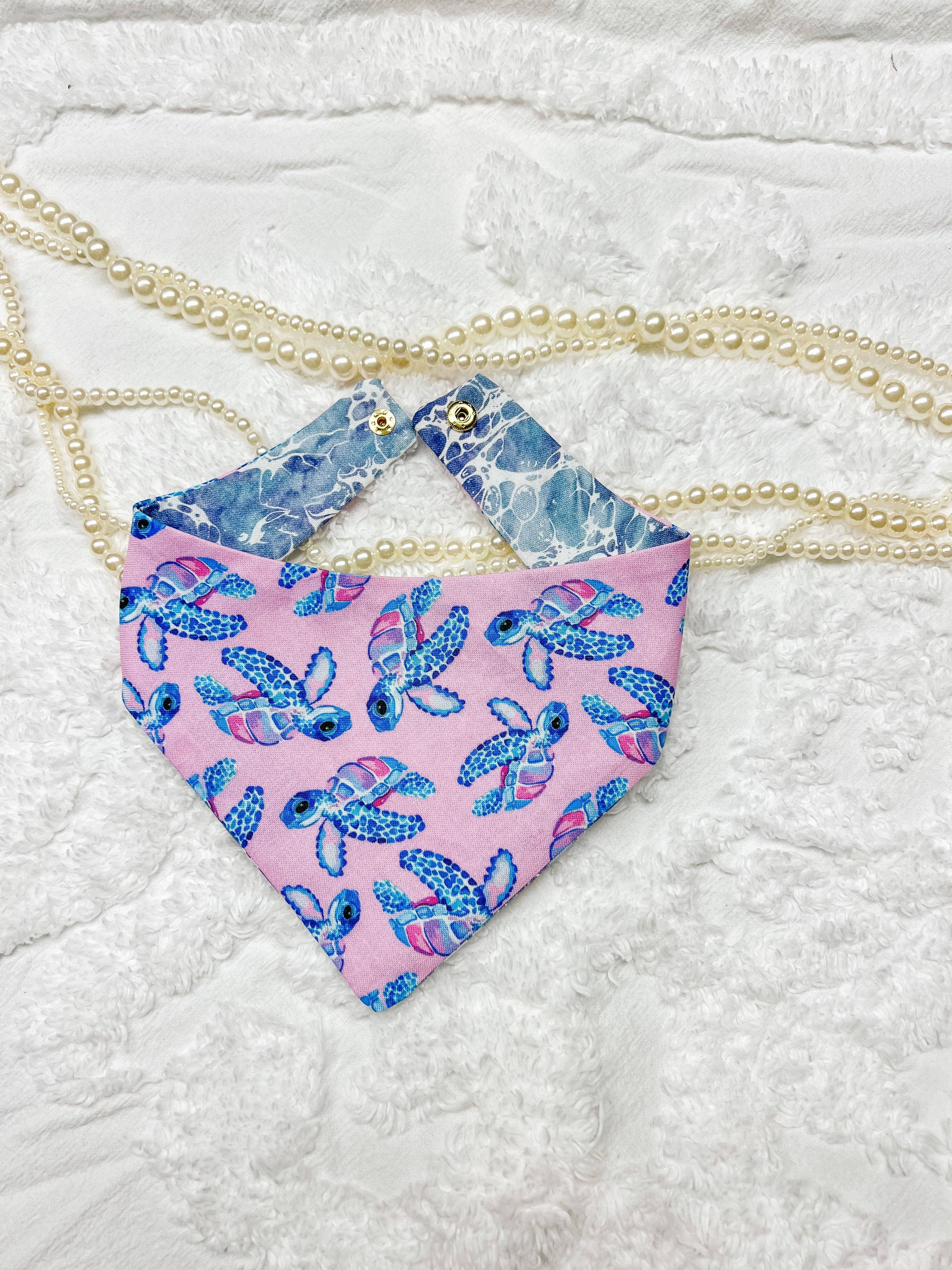 Turtles Cotton Curved Neck Dog Bandana, Reversible and Snaps - The Bougie Pet Boutique
