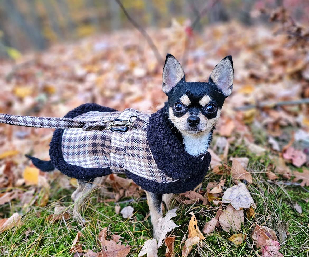 Sherpa-Lined Dog Harness Coat - Brown & White Plaid Doggie Design