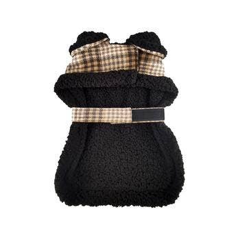 Sherpa-Lined Dog Harness Coat - Brown & White Plaid Doggie Design