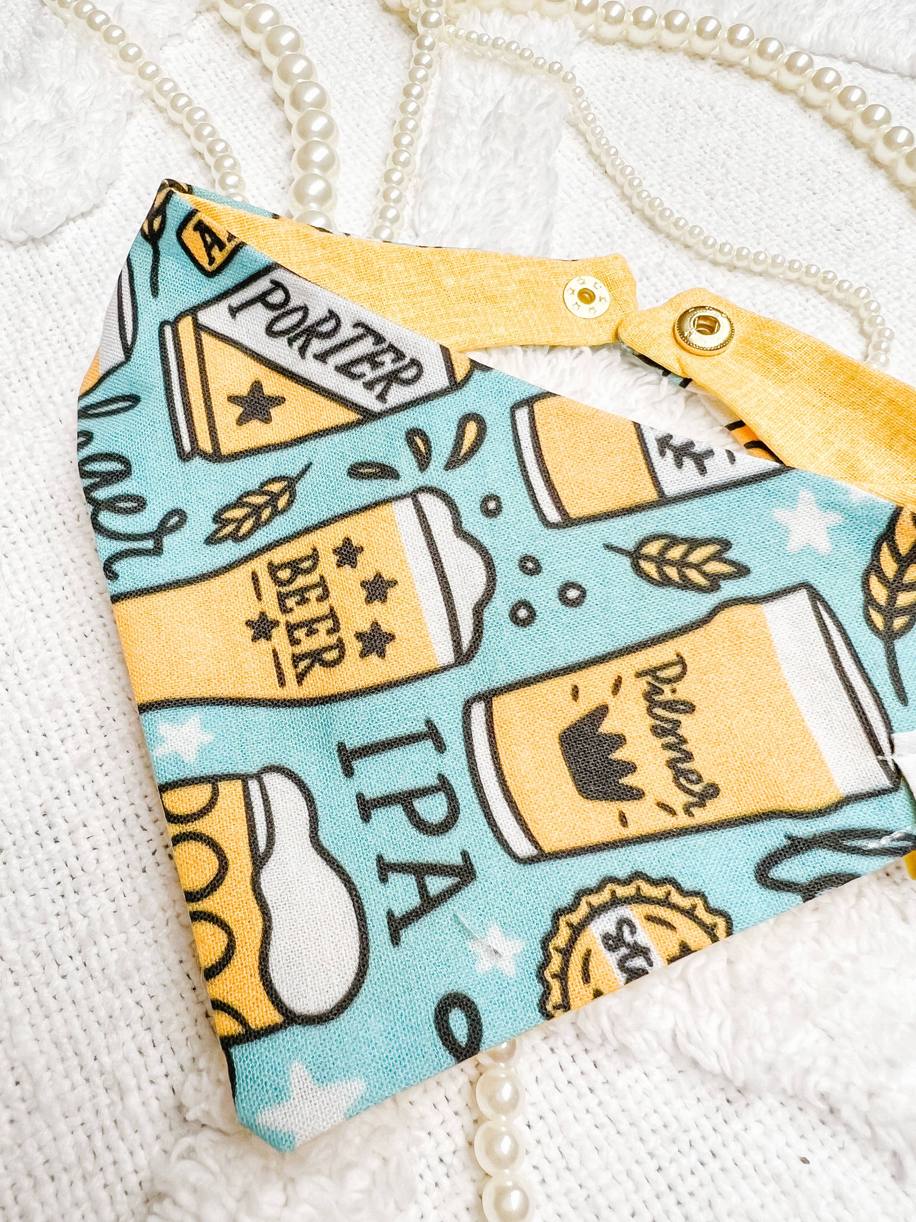 Blue Beer Reversible Dog Bandana, Drinking Pet Scarf, SnapOn - The Bougie Pet Boutique