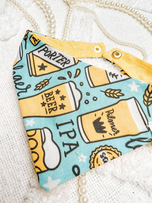 Blue Beer Reversible Dog Bandana, Drinking Pet Scarf, SnapOn - The Bougie Pet Boutique