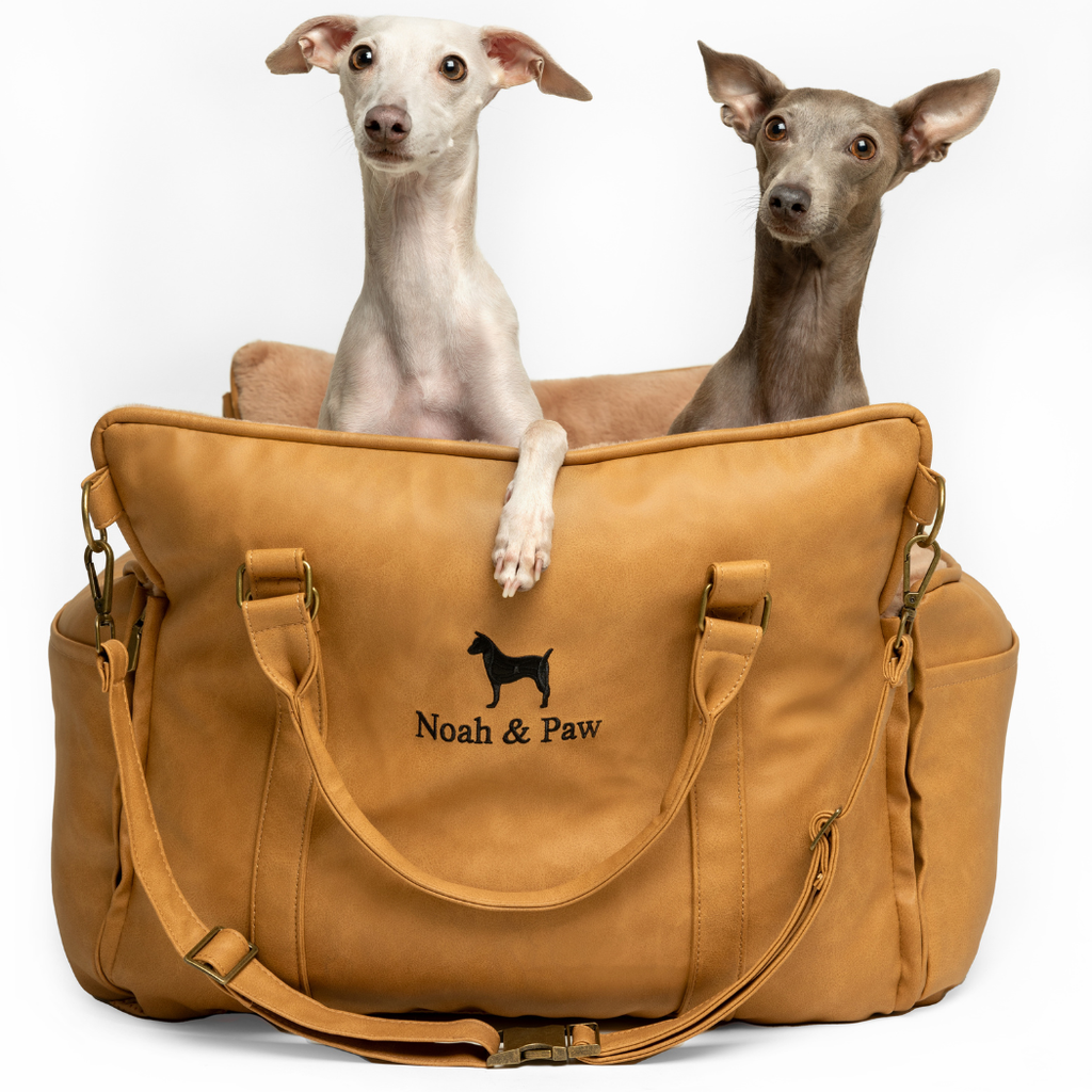 Dog Car Seat Carrier Orthopedic Crushed Foam, Camel, Vegan Leather - The Bougie Pet Boutique