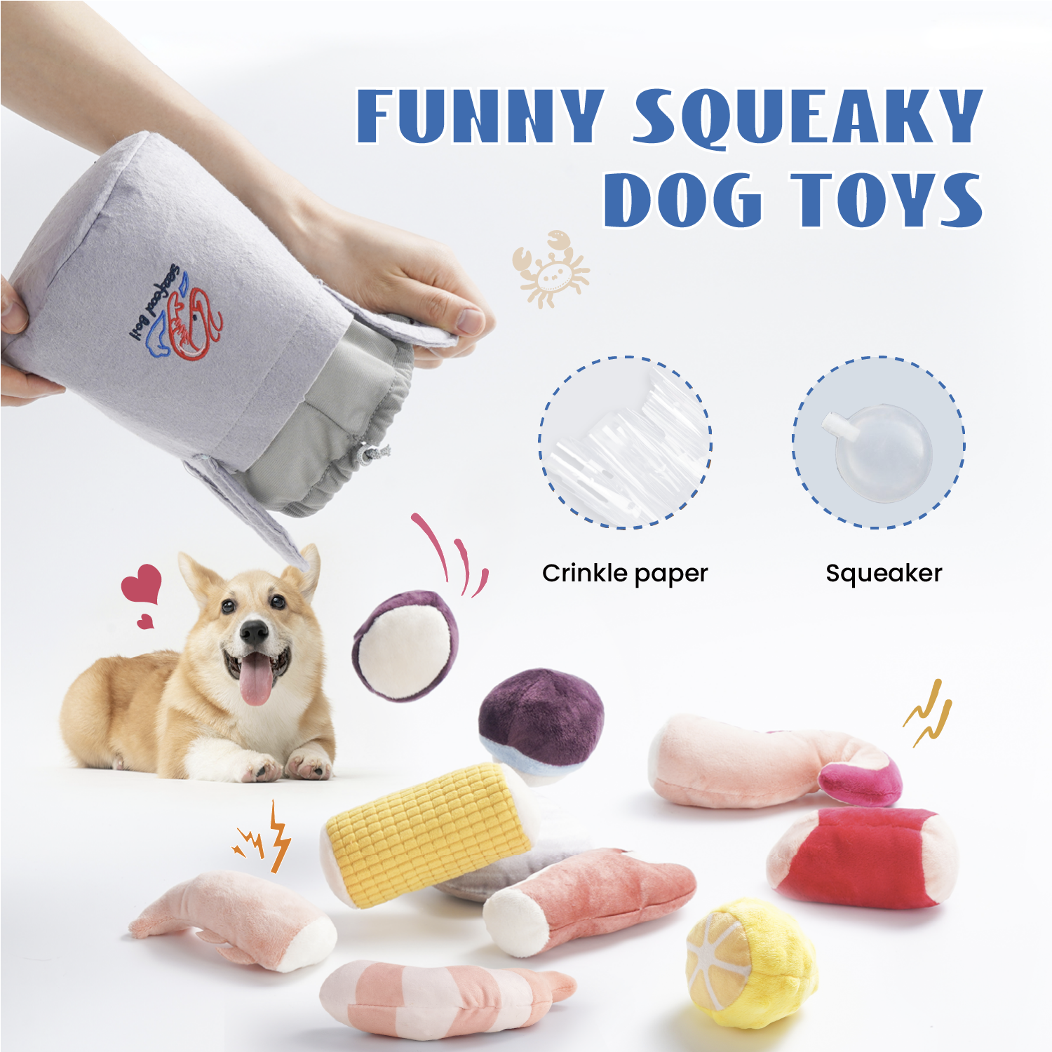 Nocciola 10 PCS Seafood Boil Small Dog Toys for Boredom, Puppy Crinkle Dog Squeaky Toys to Keep Them Busy - The Bougie Pet Boutique