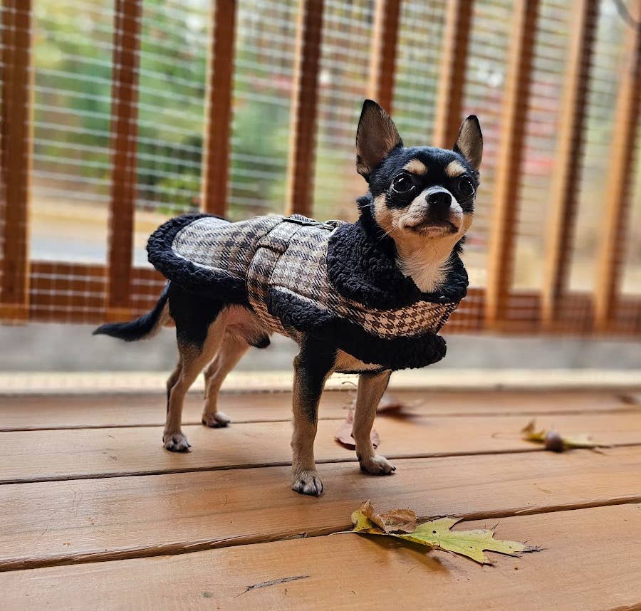 Sherpa-Lined Dog Harness Coat - Brown & White Plaid Doggie Design