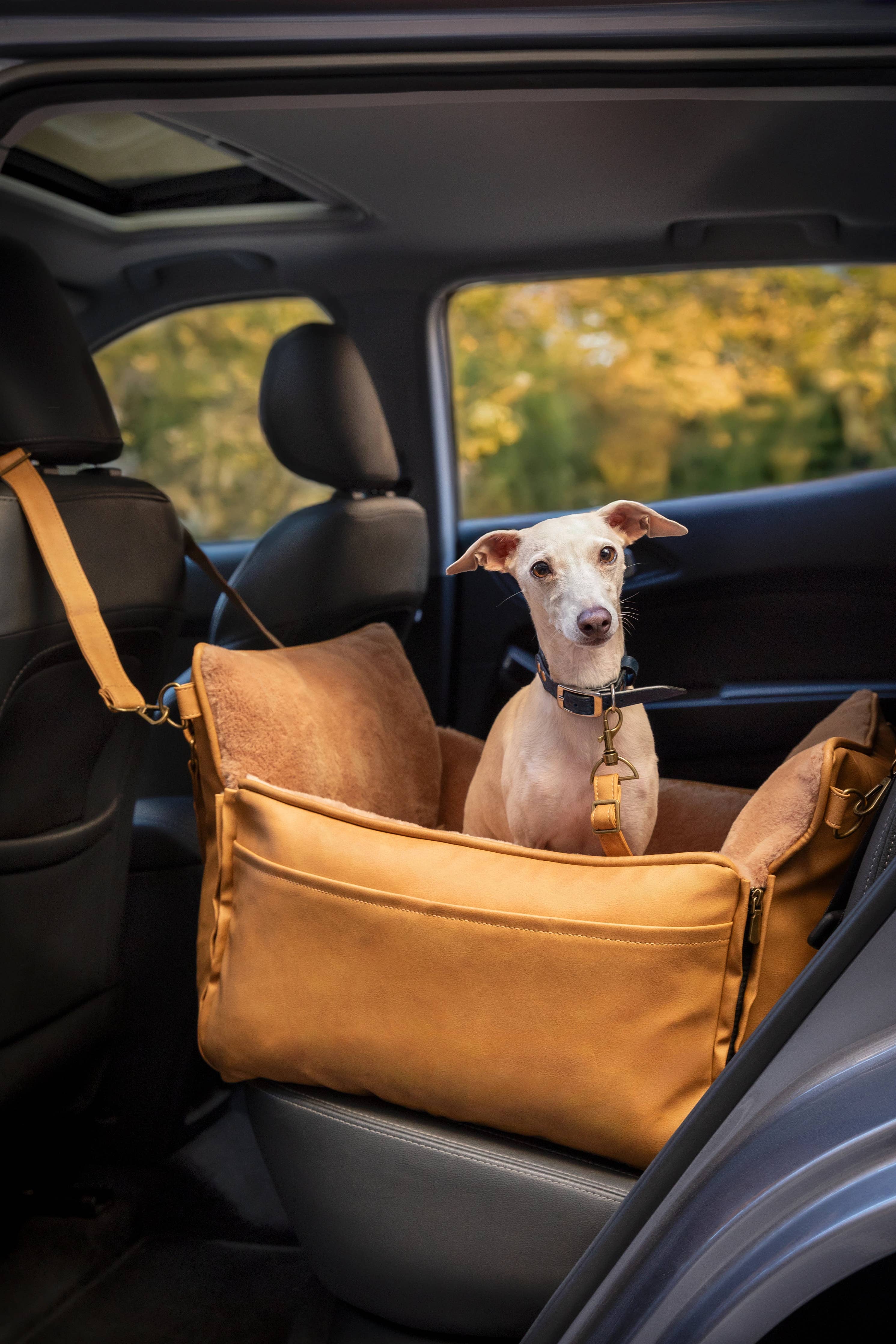 Dog Car Seat Carrier Orthopedic Crushed Foam, Camel, Vegan Leather - The Bougie Pet Boutique