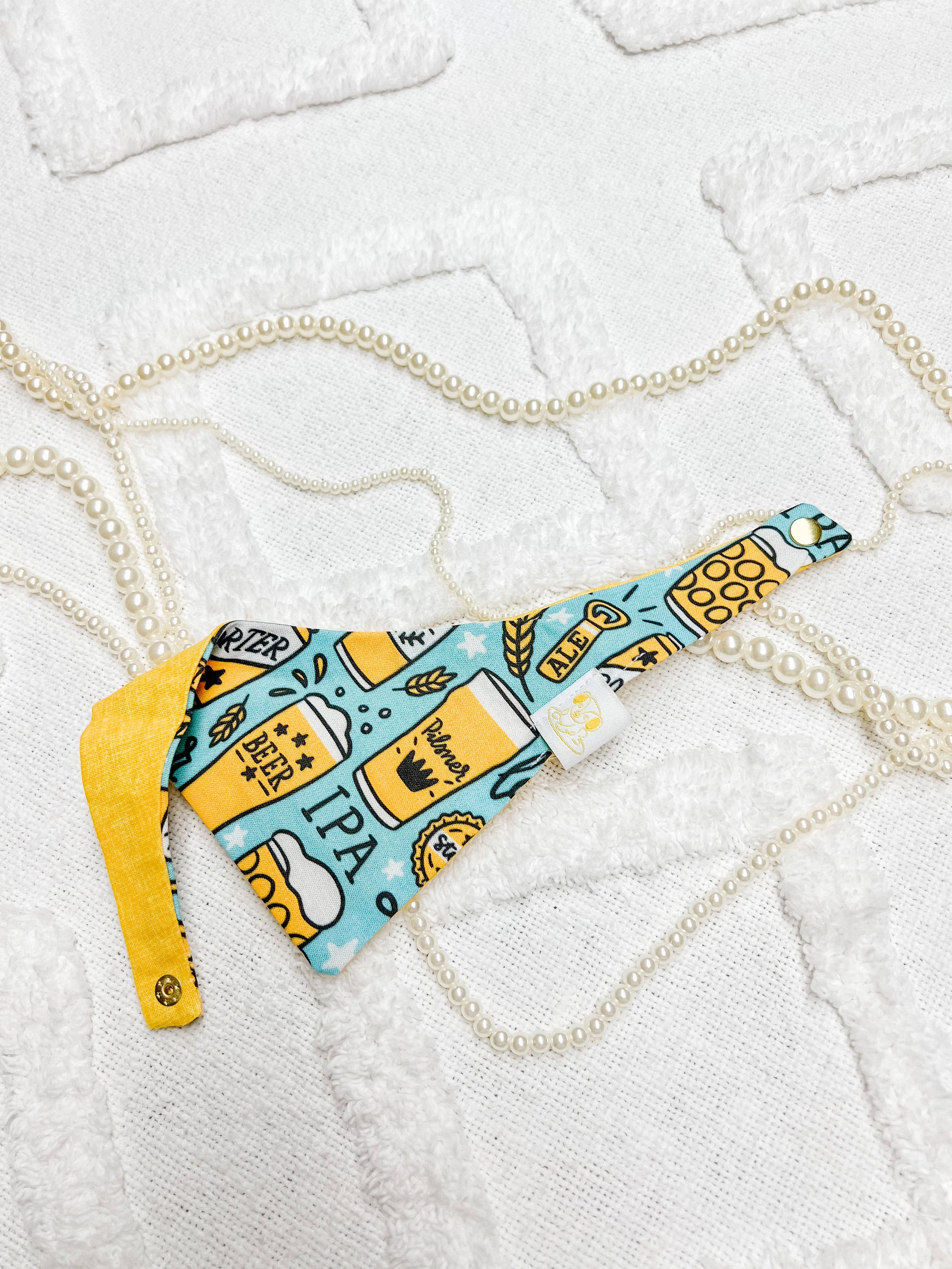 Blue Beer Reversible Dog Bandana, Drinking Pet Scarf, SnapOn - The Bougie Pet Boutique