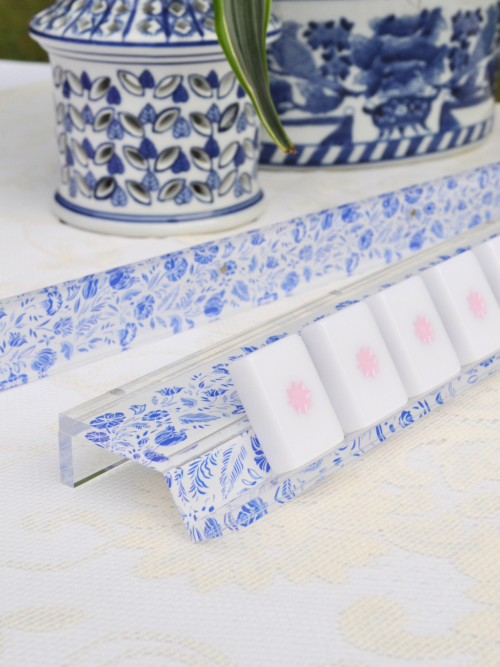 Blue and White Chinoiserie Mahjong Rack and Pusher, Set of 4 Middle & Main Mahjong