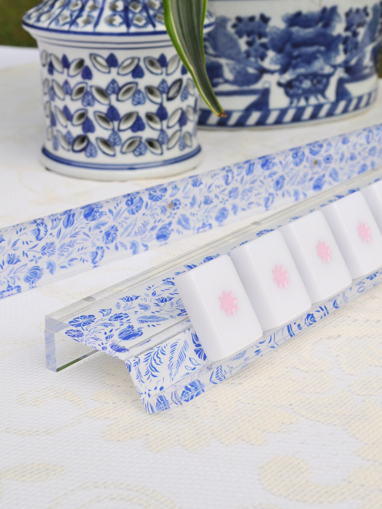 Blue and White Chinoiserie Mahjong Rack and Pusher, Set of 4 Middle & Main Mahjong