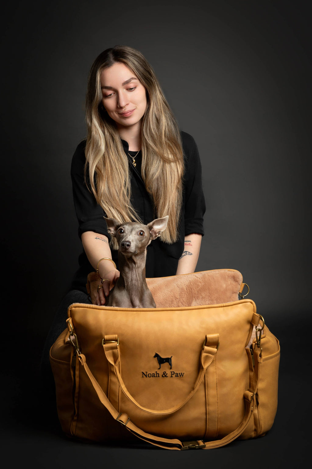 Dog Car Seat Carrier Orthopedic Crushed Foam, Camel, Vegan Leather - The Bougie Pet Boutique