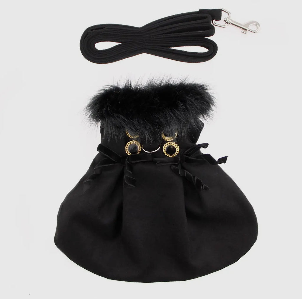 Black Fur Trim Harness Coat - The Bougie Pet Boutique