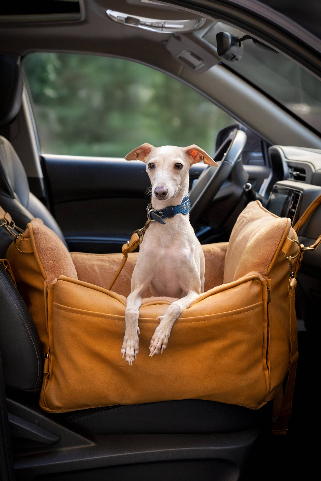 Dog Car Seat Carrier Orthopedic Crushed Foam, Camel, Vegan Leather - The Bougie Pet Boutique