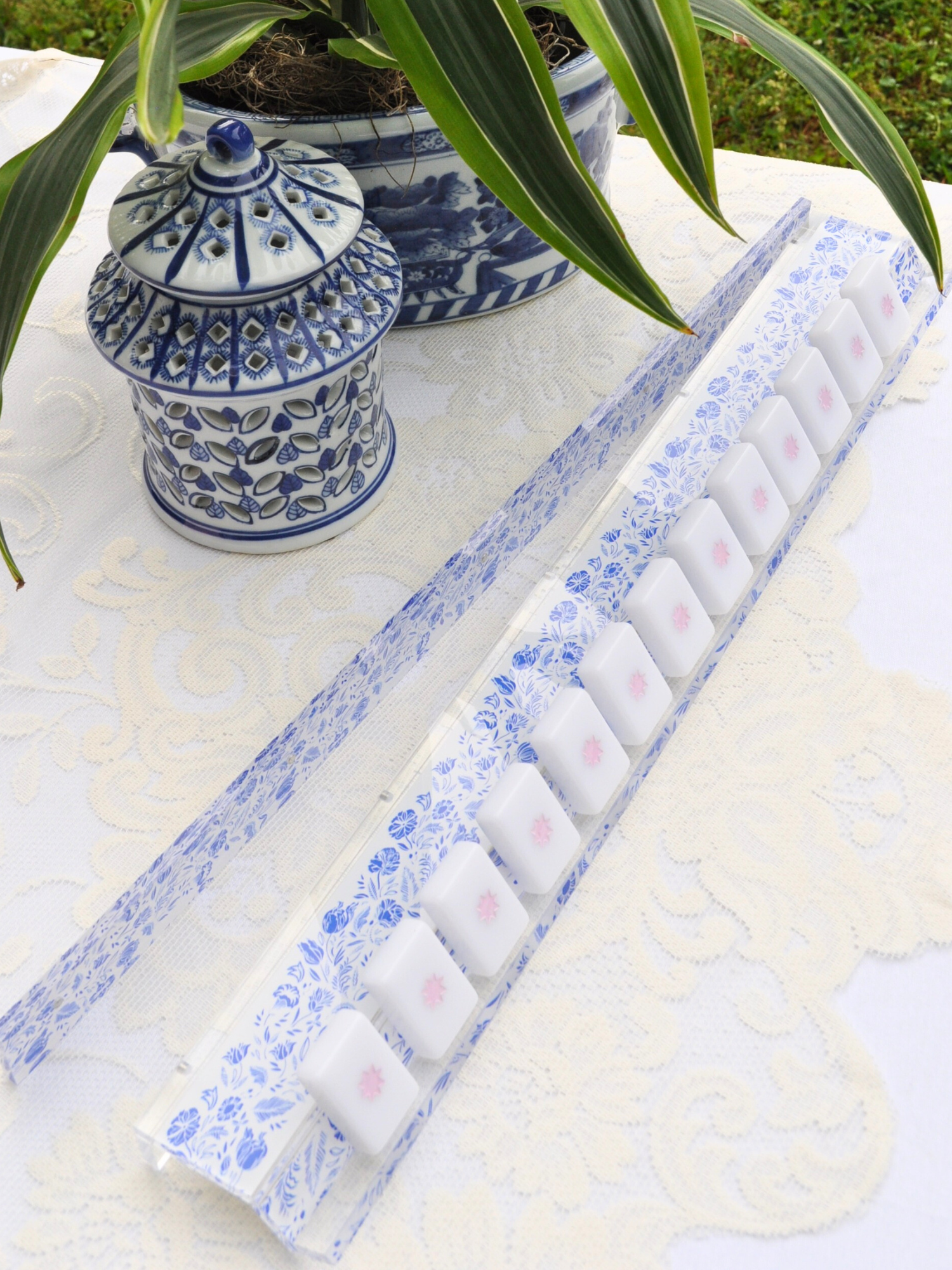 Blue and White Chinoiserie Mahjong Rack and Pusher, Set of 4 Middle & Main Mahjong