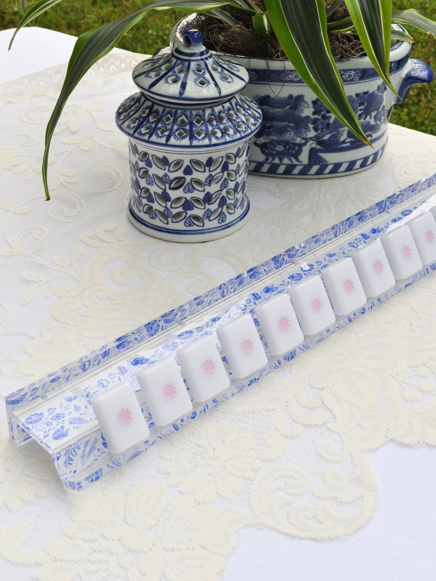 Blue and White Chinoiserie Mahjong Rack and Pusher, Set of 4 Middle & Main Mahjong