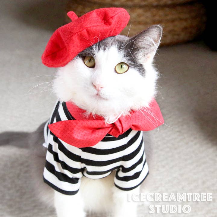 French Look Outfit Scarf and Black Stripe Top Set - Dog Cat