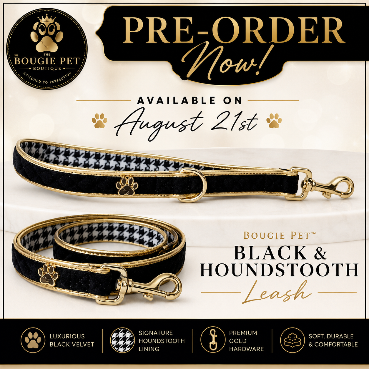Bougie Pet™ Black & Houndstooth Leash Bougie Pet