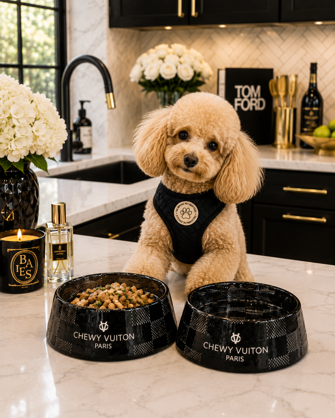 Black Checker Chewy Vuiton Bowl Set Haute Diggity Dog