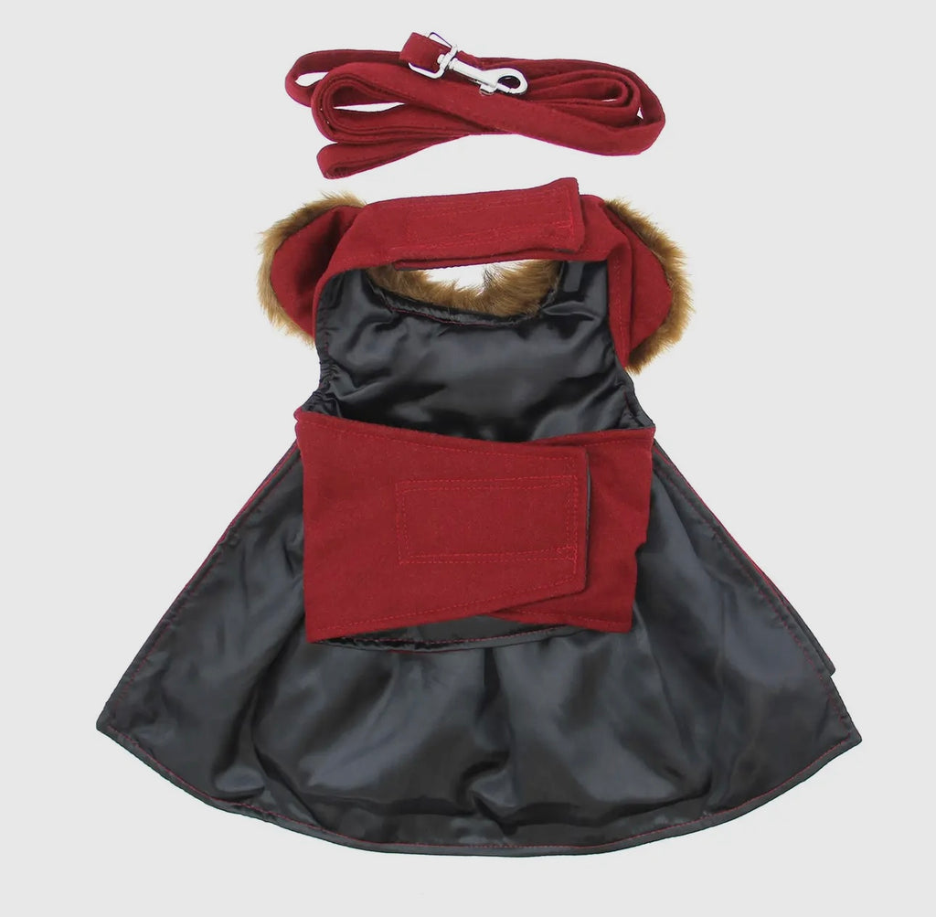 Wool Fur-Trimmed Harness Coat Burgundy - The Bougie Pet Boutique