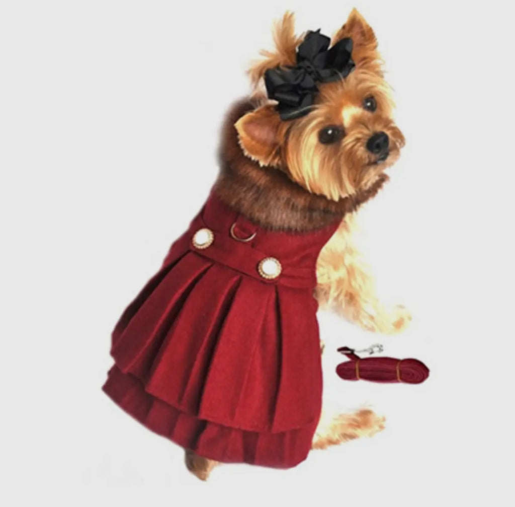 Wool Fur-Trimmed Harness Coat Burgundy - The Bougie Pet Boutique
