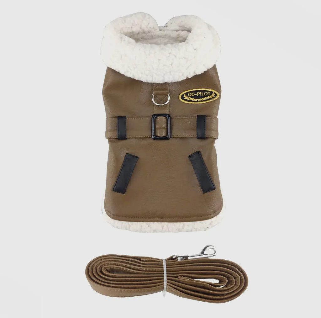 Brown Leather Bomber Harness Coat - The Bougie Pet Boutique