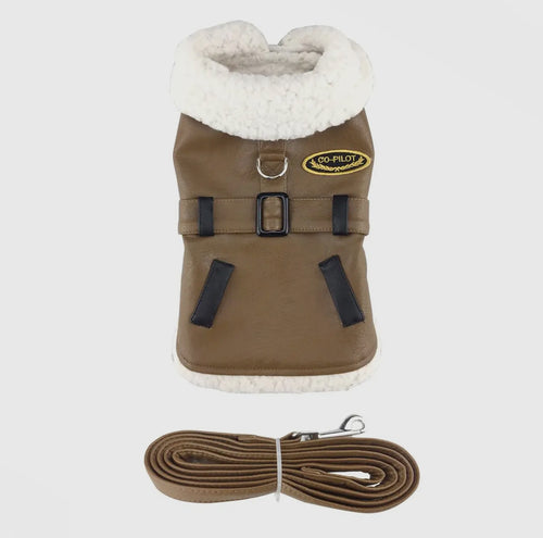 Brown Leather Bomber Harness Coat - The Bougie Pet Boutique