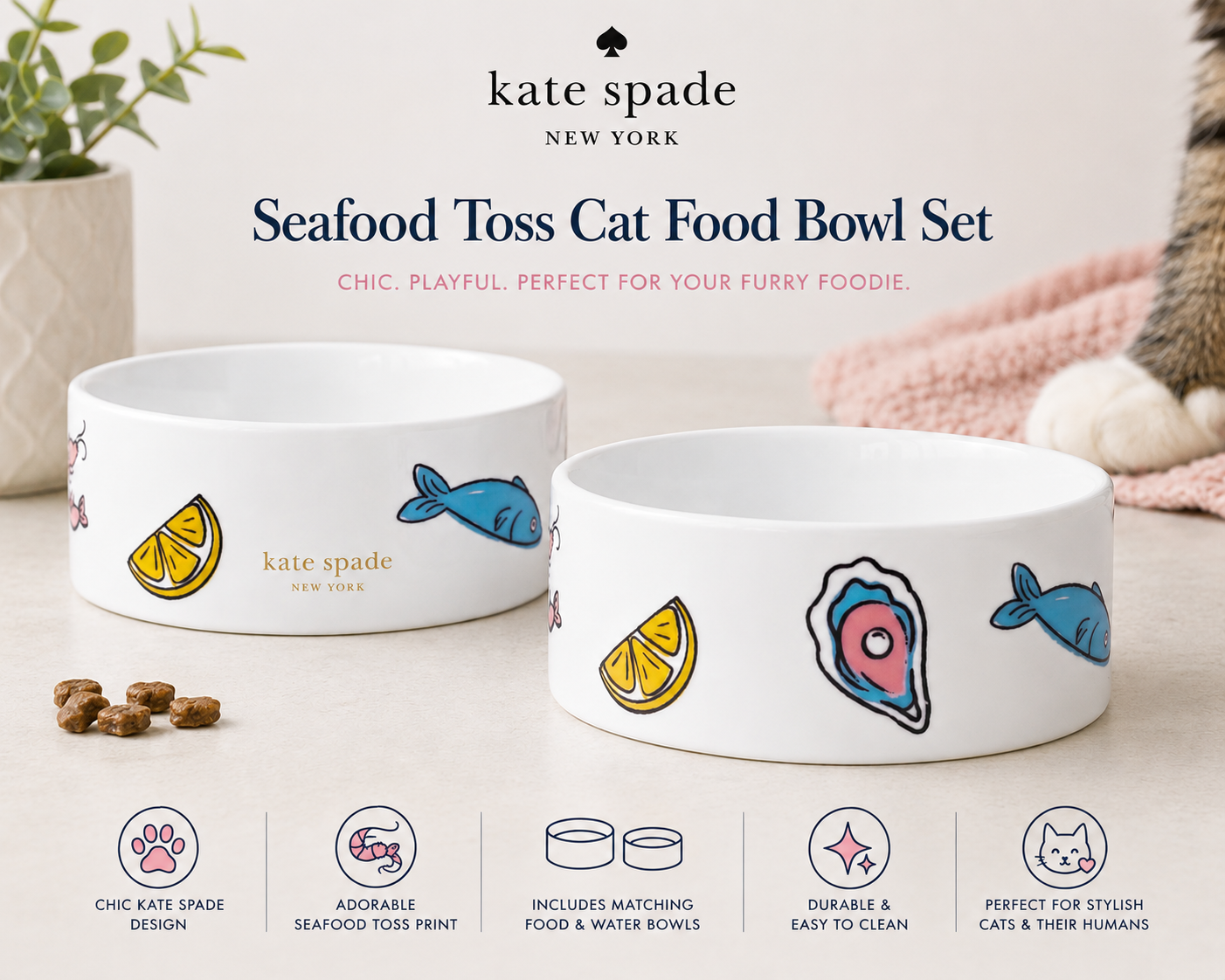 Kate Spade Seafood Toss Cat Food Bowl Set The Bougie Pet Boutique