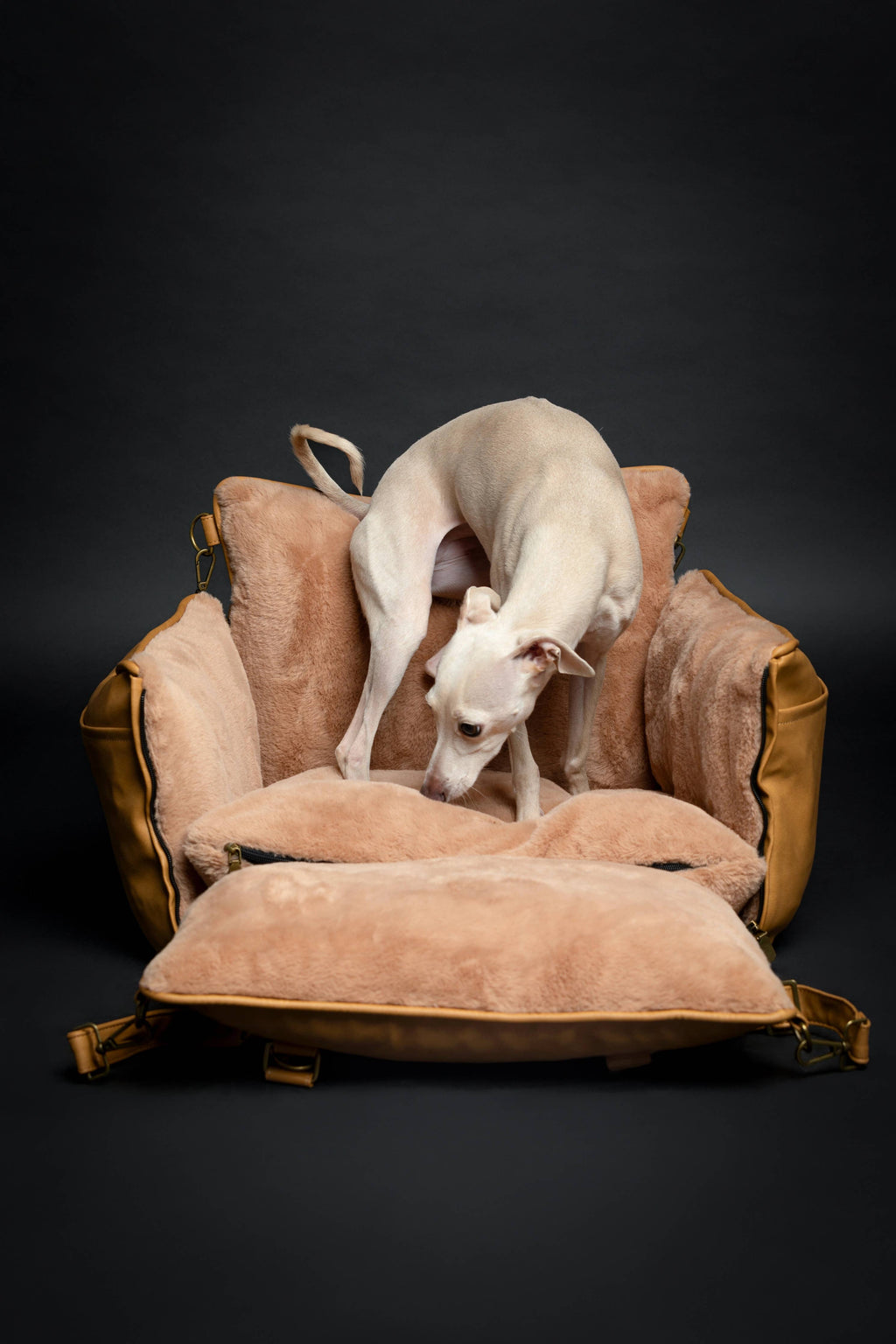 Dog Car Seat Carrier Orthopedic Crushed Foam, Camel, Vegan Leather - The Bougie Pet Boutique
