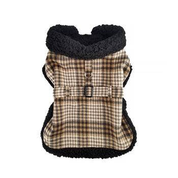 Sherpa-Lined Dog Harness Coat - Brown & White Plaid Doggie Design