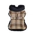 Sherpa-Lined Dog Harness Coat - Brown & White Plaid Doggie Design