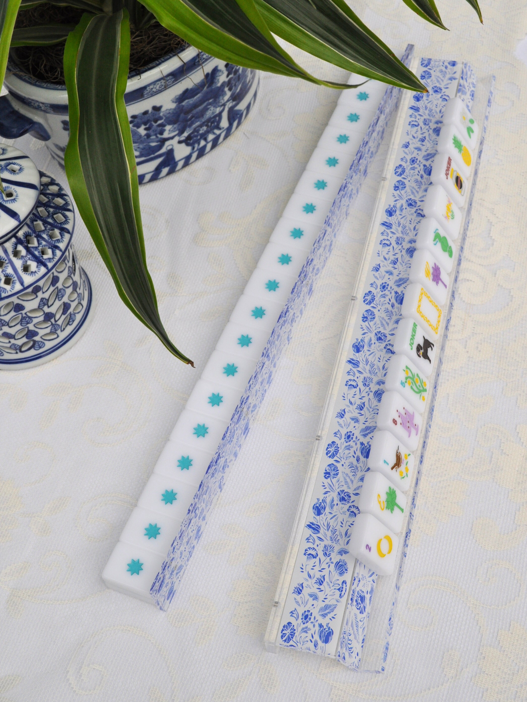 Blue and White Chinoiserie Mahjong Rack and Pusher, Set of 4 Middle & Main Mahjong