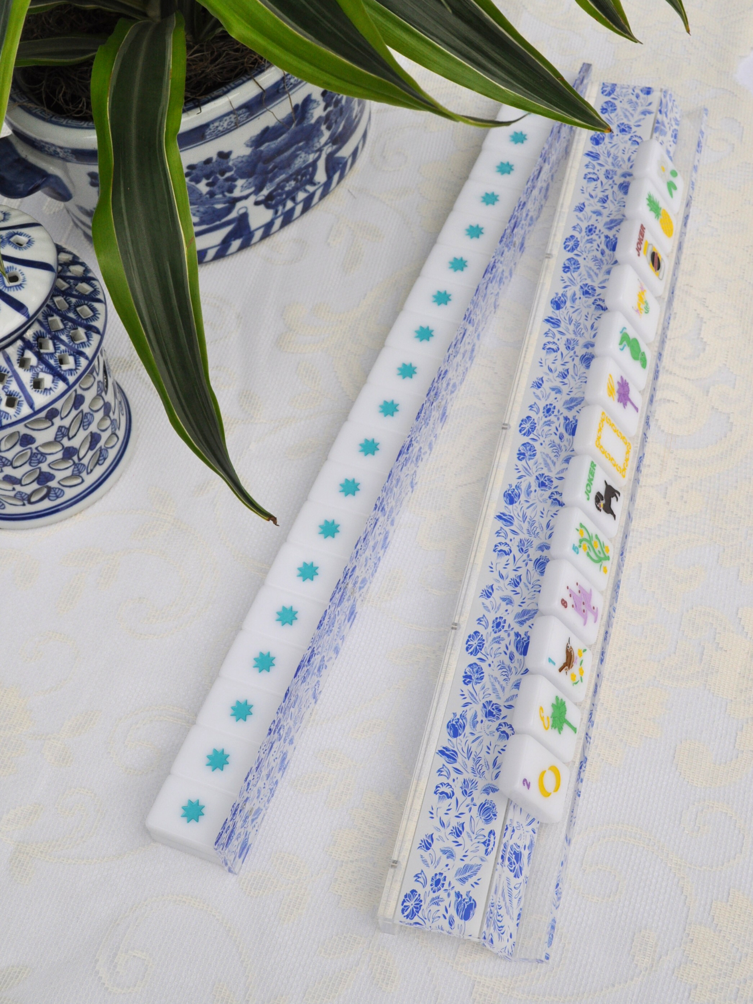 Blue and White Chinoiserie Mahjong Rack and Pusher, Set of 4 Middle & Main Mahjong