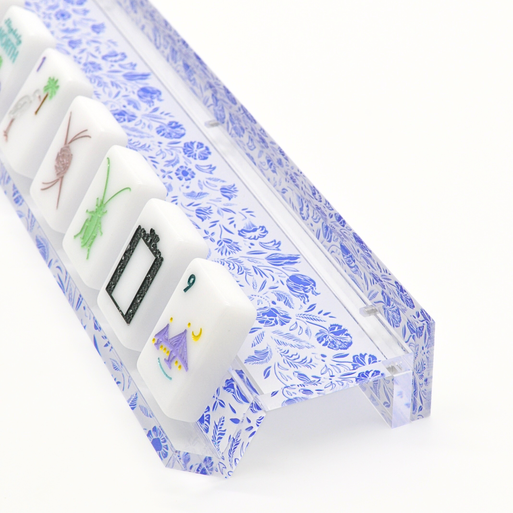 Blue and White Chinoiserie Mahjong Rack and Pusher, Set of 4 Middle & Main Mahjong