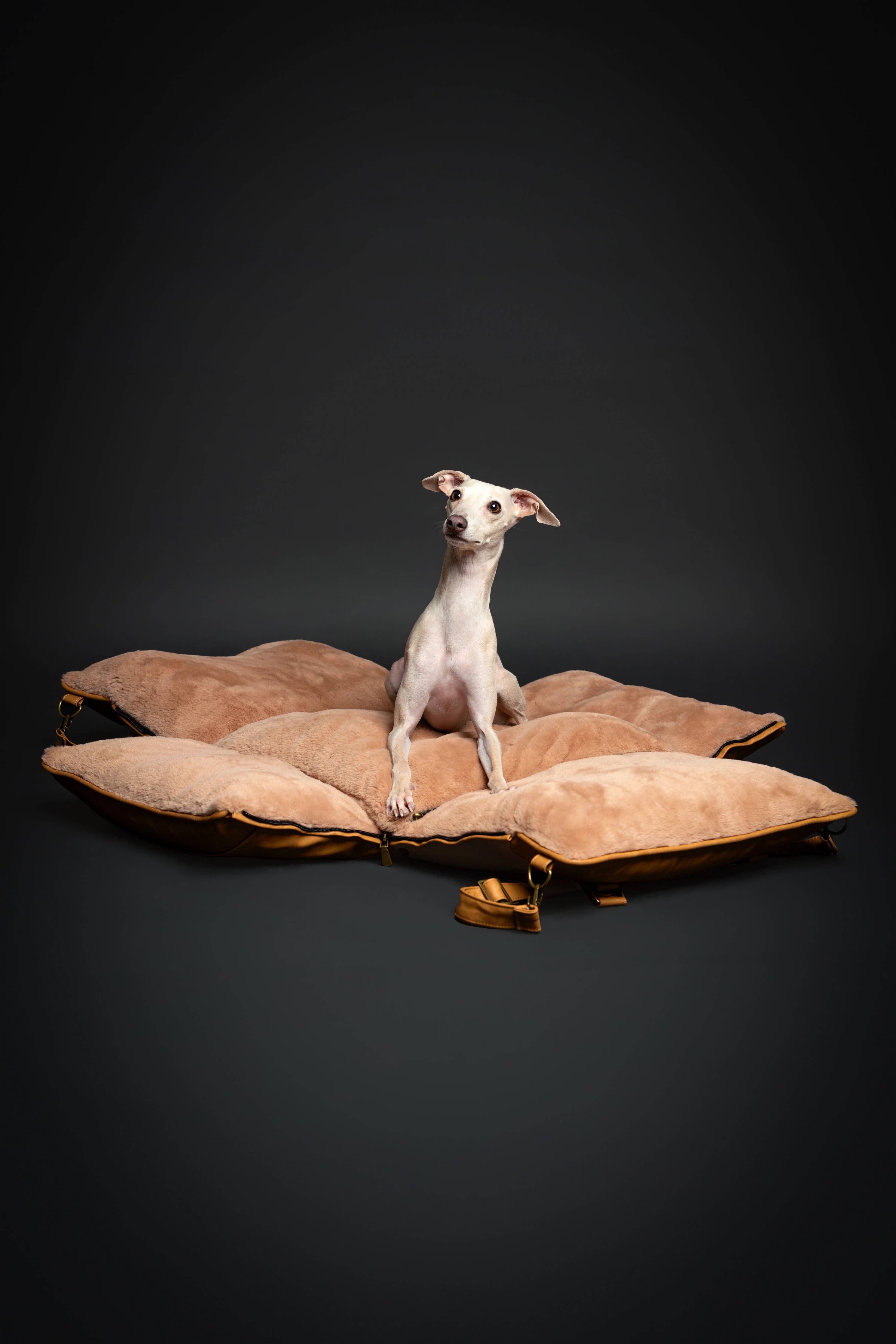 Dog Car Seat Carrier Orthopedic Crushed Foam, Camel, Vegan Leather - The Bougie Pet Boutique