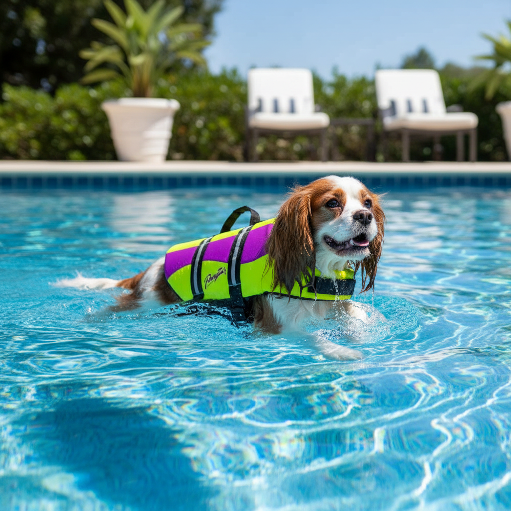Cavalier in Life Jacket Swimming