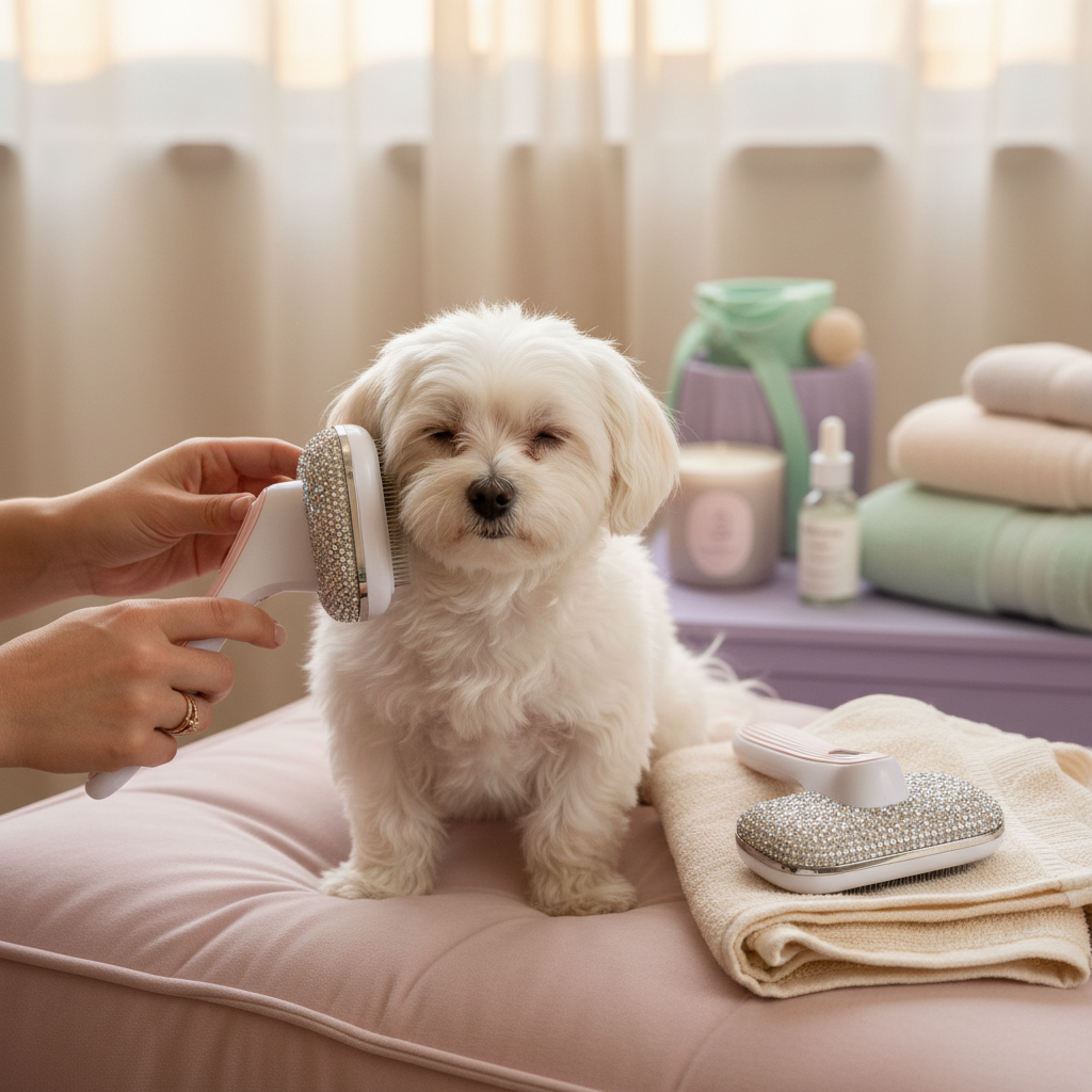 Dog Being Groomed with Rhinestone Brush