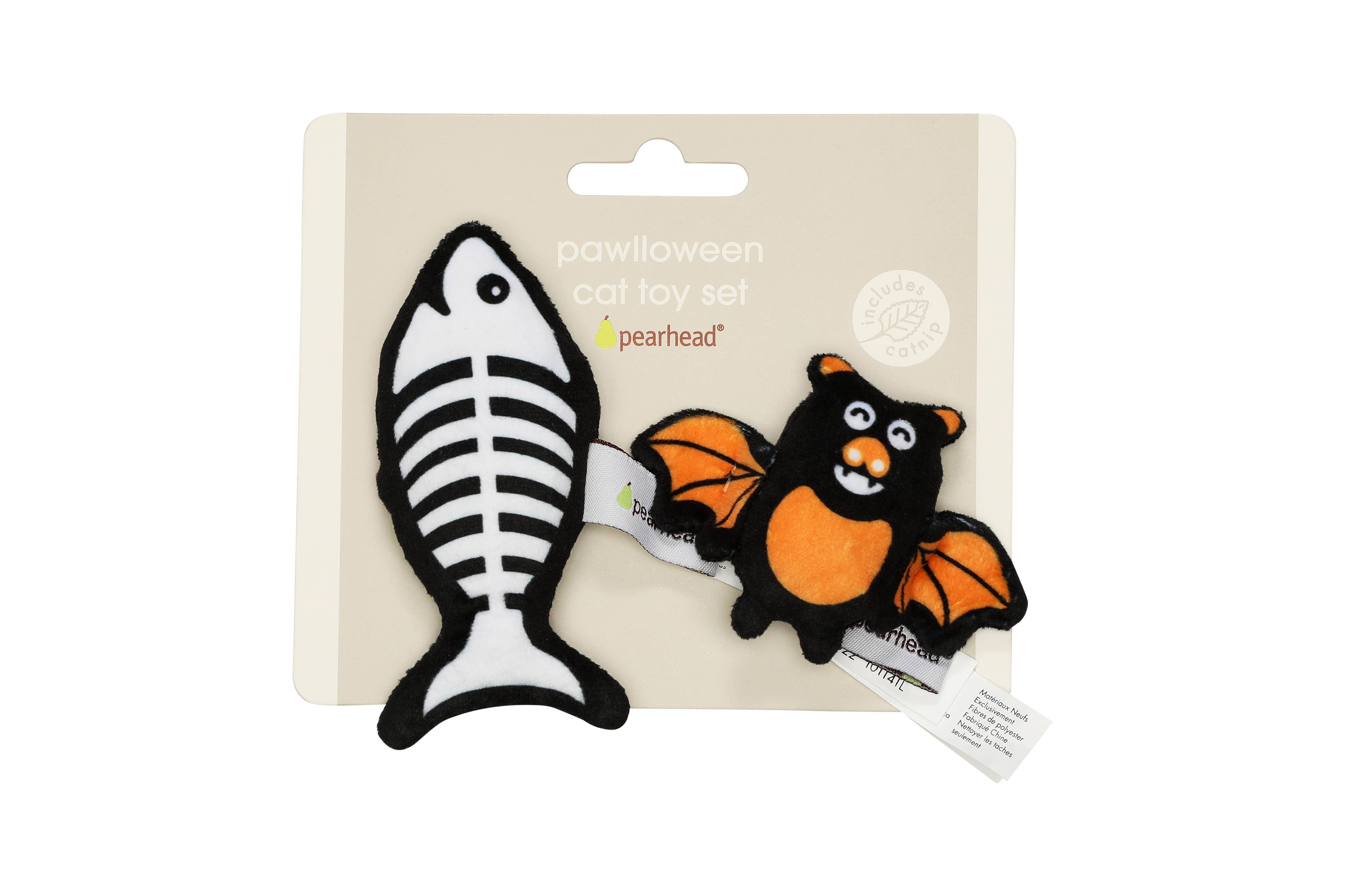 Bat & Fish Skeleton Halloween Cat Toys, Set of 2