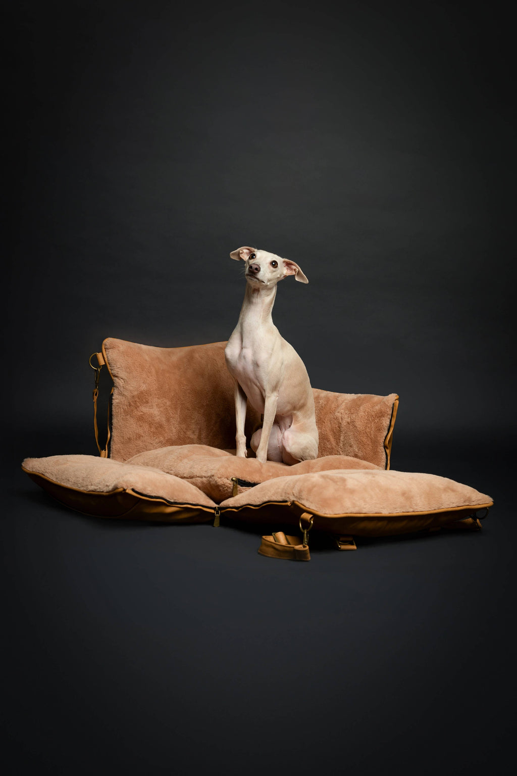 Dog Car Seat Carrier Orthopedic Crushed Foam, Camel, Vegan Leather - The Bougie Pet Boutique